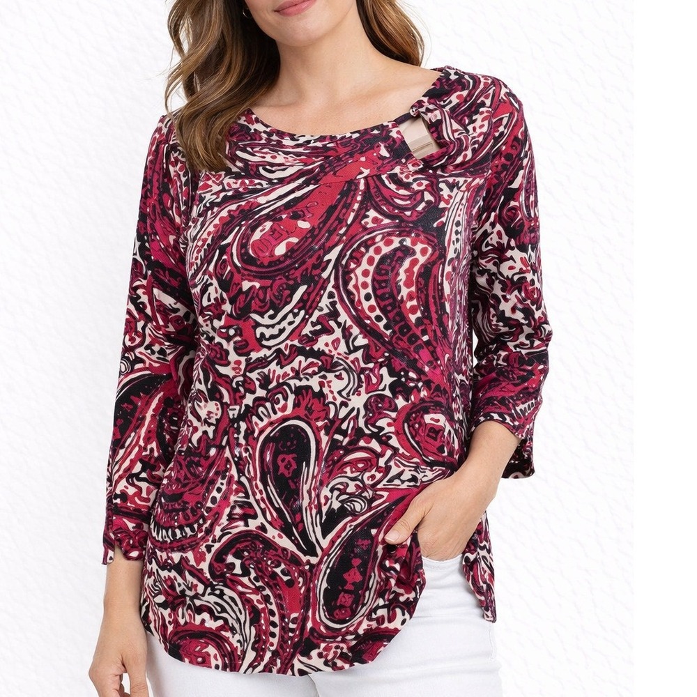 Rafaella Women's M Red Black White Paisley Print 3/4 Sleeve Blouse
